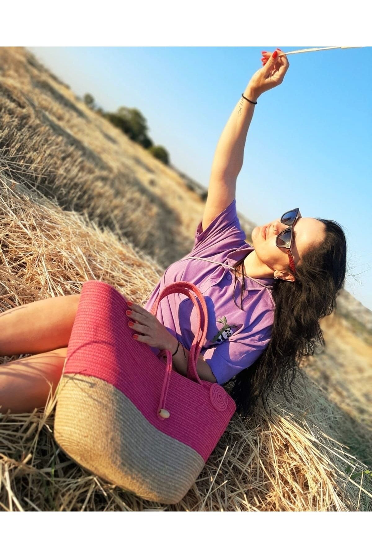 Hasır Pembe Plaj Çantası