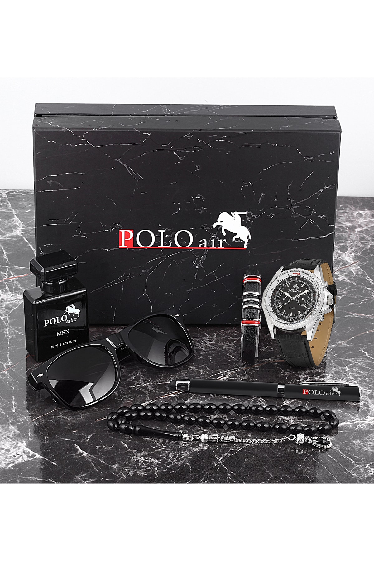 Polo Air Erkek Set Kombin Saat Gözlük Parfüm Tesbih Kalem Bileklik Özel Kutulu Pl-0625e