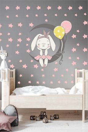 Ayda Oturan Sevimli Tavşan Ve Yıldızlar Çocuk Odası Duvar Sticker d2714