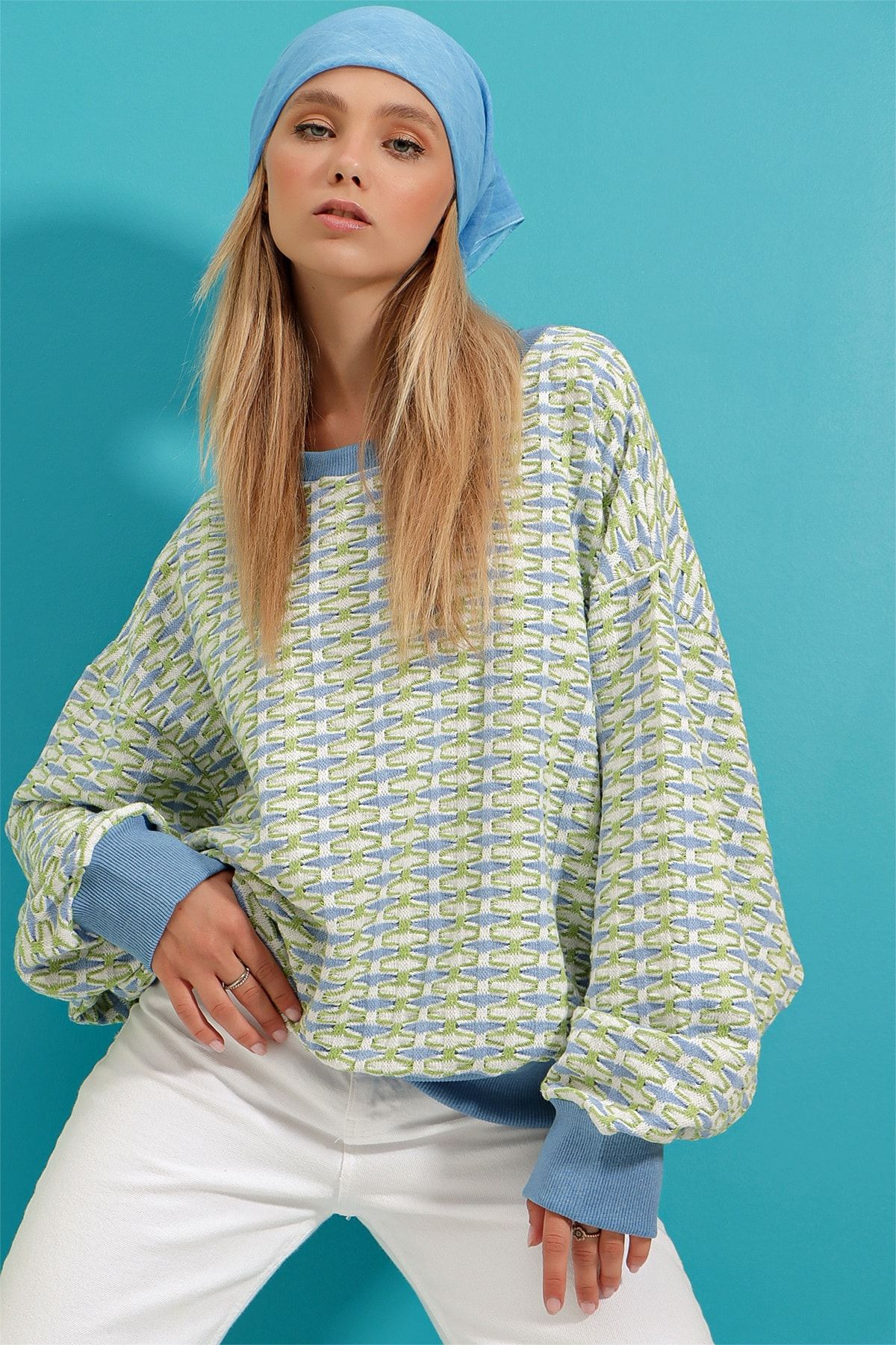 Trend Alaçatı Stili Sweatshirt Türkis Oversized Fast ausverkauft