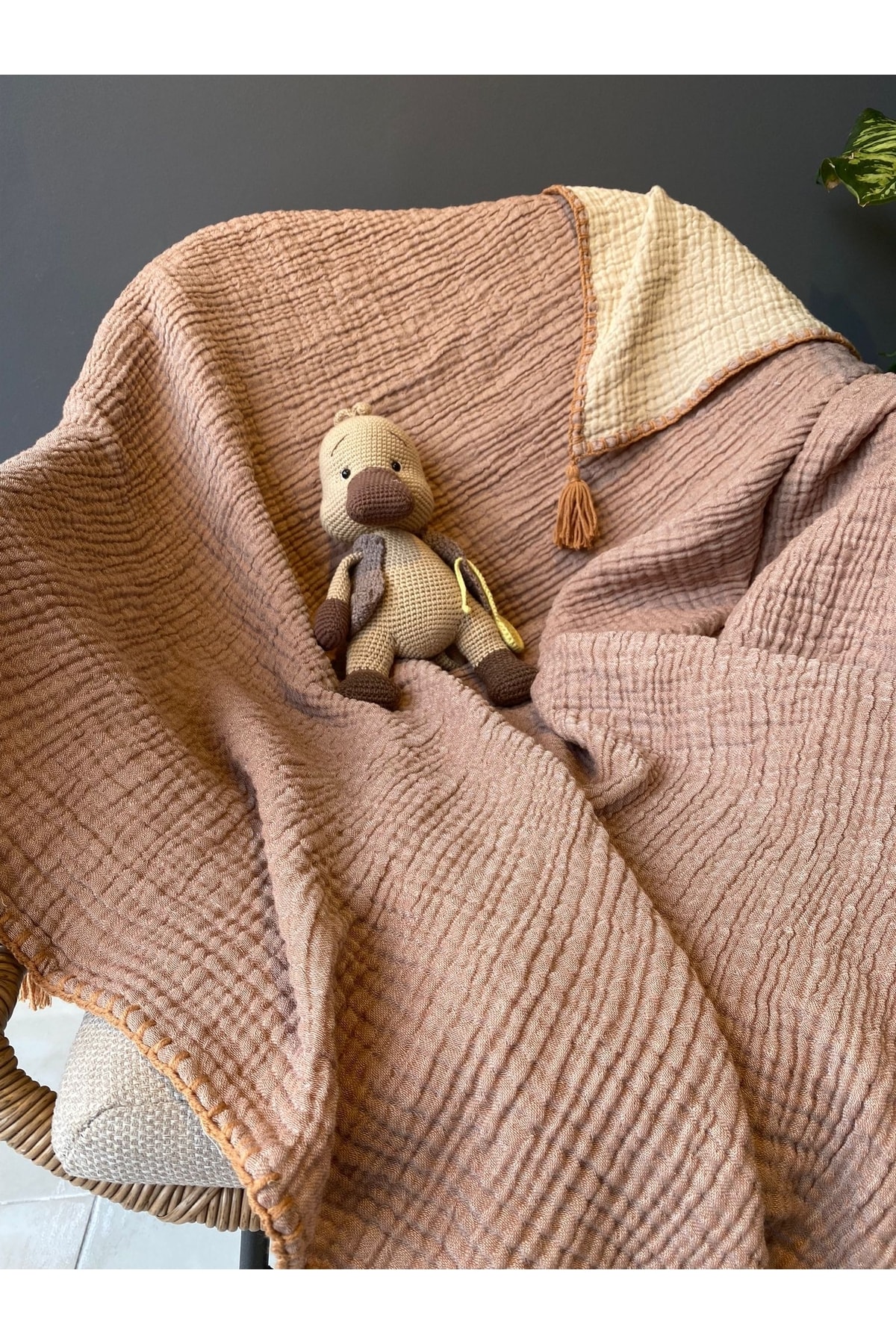 YASEMİNİNEVİ Açık Kahve-ekru Müslin Bebek Örtüsü fotoğrafı 3 (önizleme)