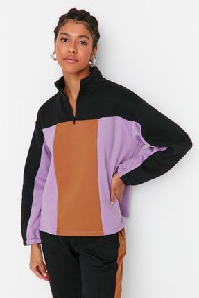 Lila Renk Bloklu İnce Basic Örme Sweatshirt TWOAW22SW2338