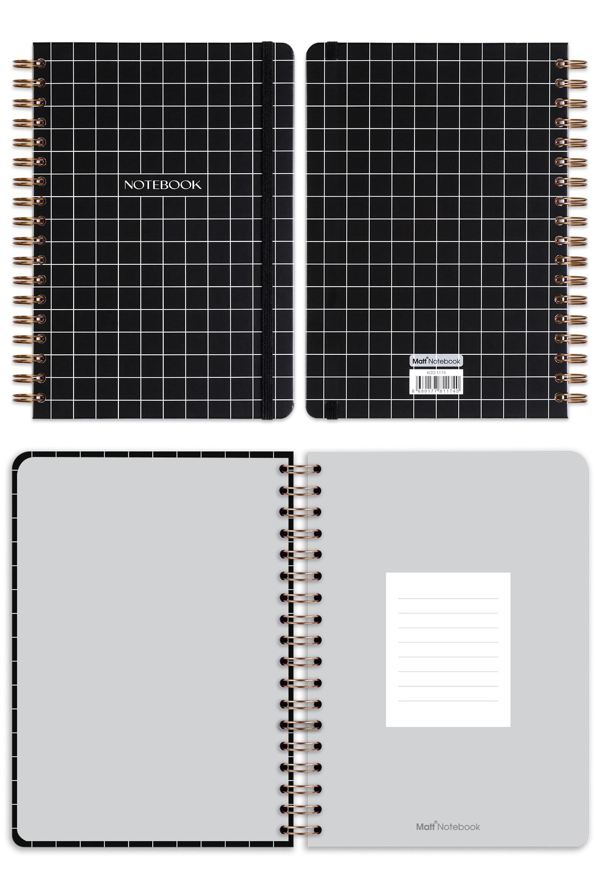 Matt Notebook-17x24 Cm Elastic Spiral Hard Cover Notebook Checkered Black 6