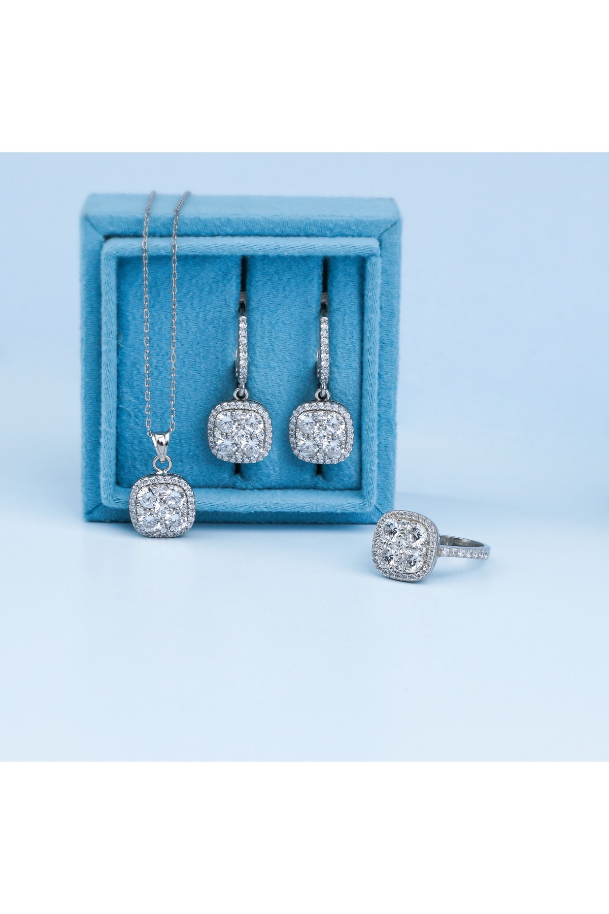 925KOLYE Pırlanta Modeli Kare Mini Set 925 Ayar Gümüş