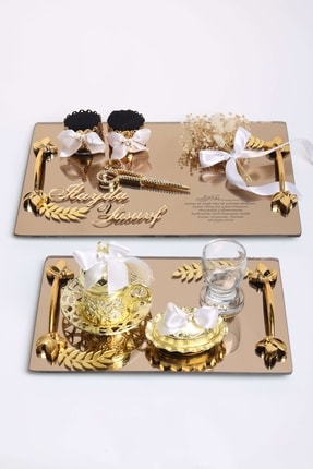 CyzHome Gold Cam Dikdörtgen Yapraklı Söz Nişan Ve Damat Kahve Fincan Tepsi Seti