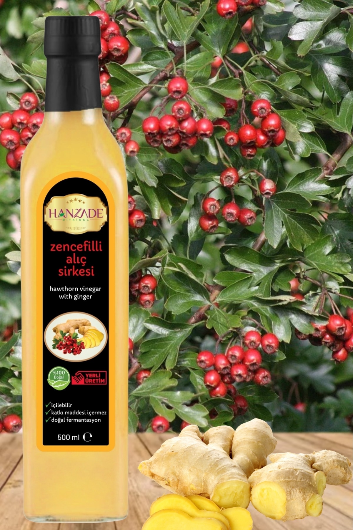 Hanzade Bitkisel Zencefilli Alıç Sirkesi 500 ml X 3 Adet Katkısız