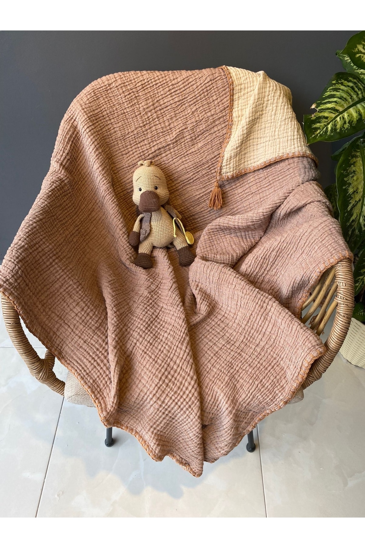 YASEMİNİNEVİ Açık Kahve-ekru Müslin Bebek Örtüsü fotoğrafı 2 (önizleme)