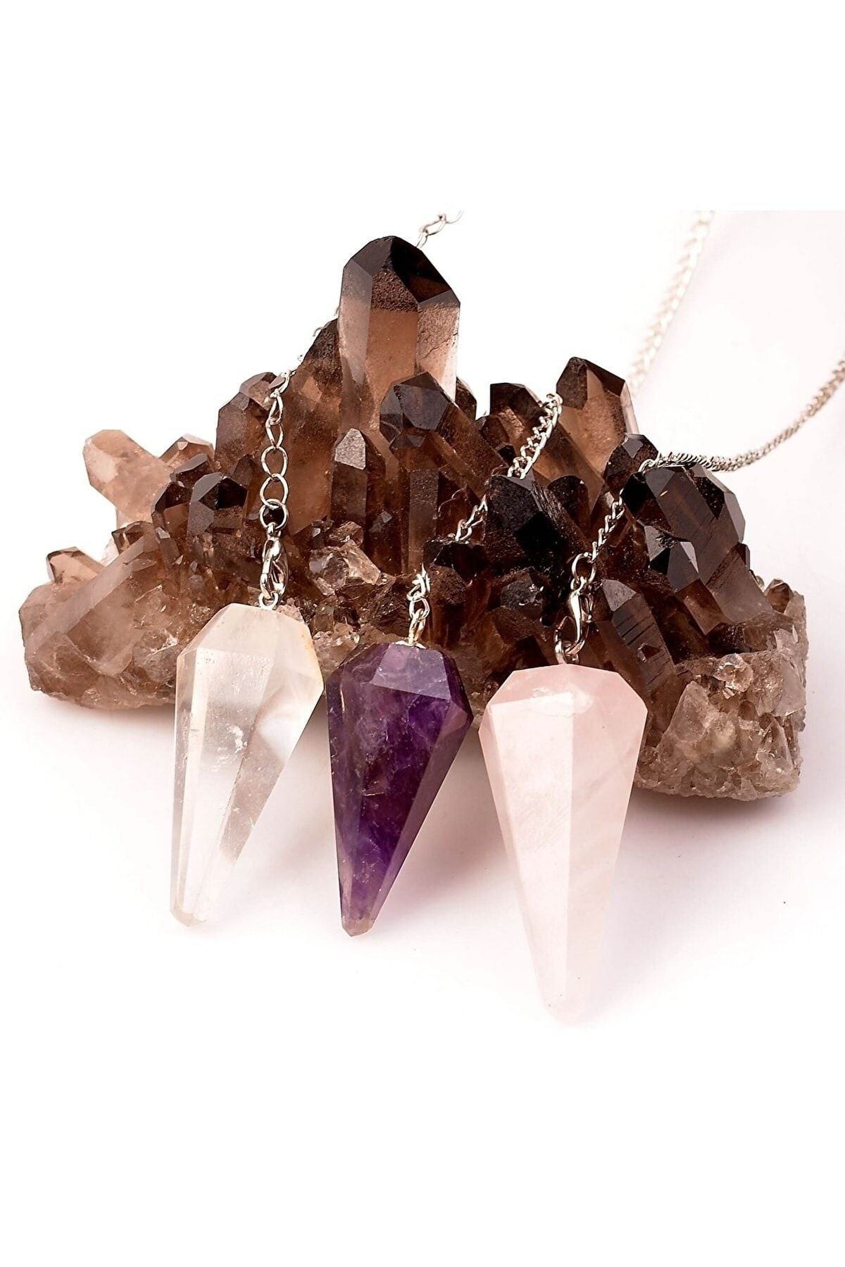 Midas Yıldızı-Amethyst - Crystal Quartz - Pink Quartz Stone Pendulum - Set of Three Pandules 1