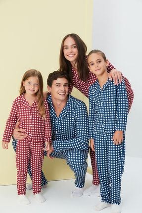 Kırmızı Kadın Kareli Aile Kombini Örme Pijama Takımı THMAW23PT00301