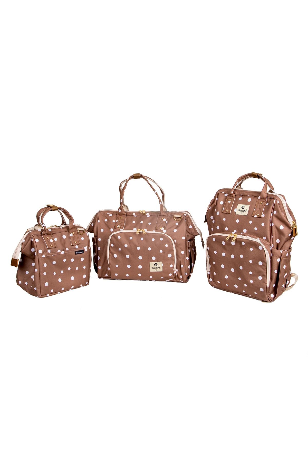 beautiful bag Kahverengi Puantiyeli 3'lü Çanta Seti