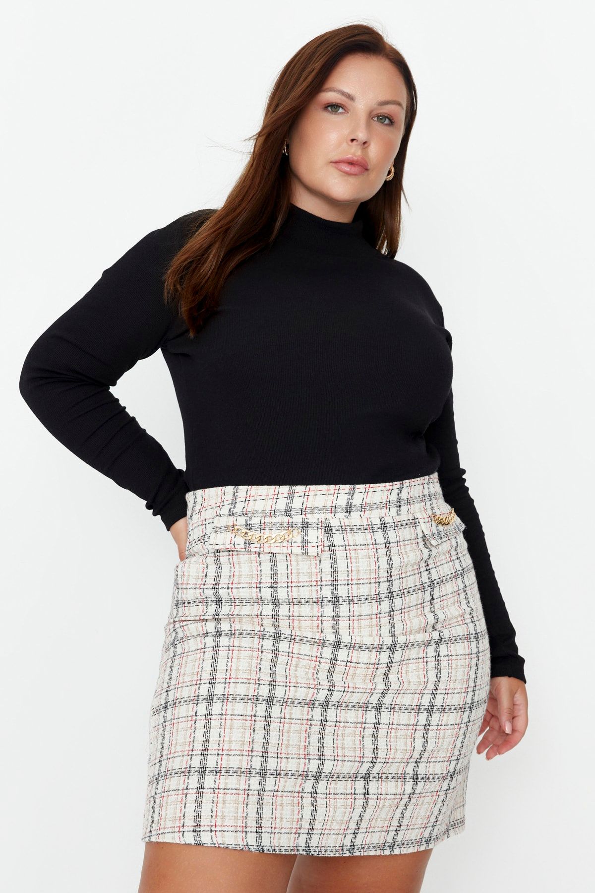 Trendyol Curve Multicolored Plaid Chain Detailed Tweed Woven Skirt