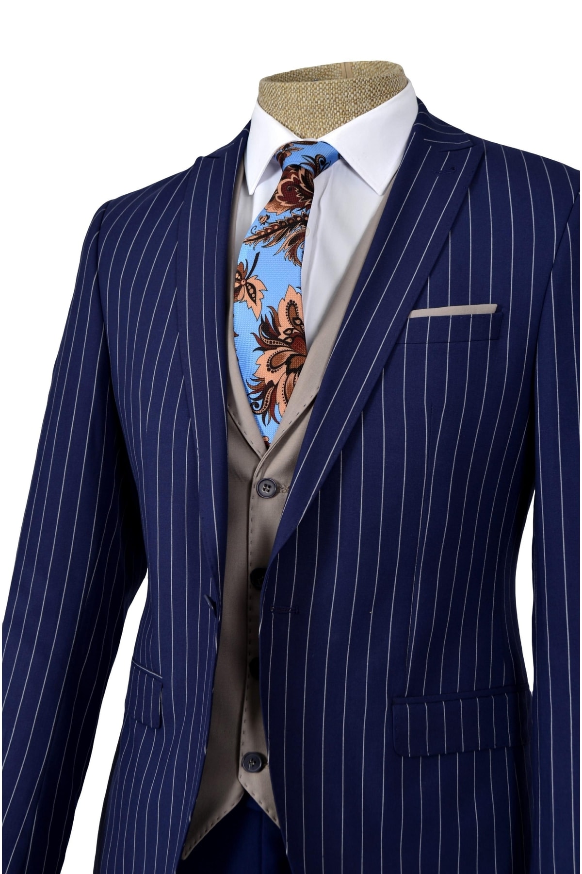 Cengiz İnler Dik Çizgili Kombin Tek Düğme 6 Drop Slim Yelekli Erkek Takım Elbise