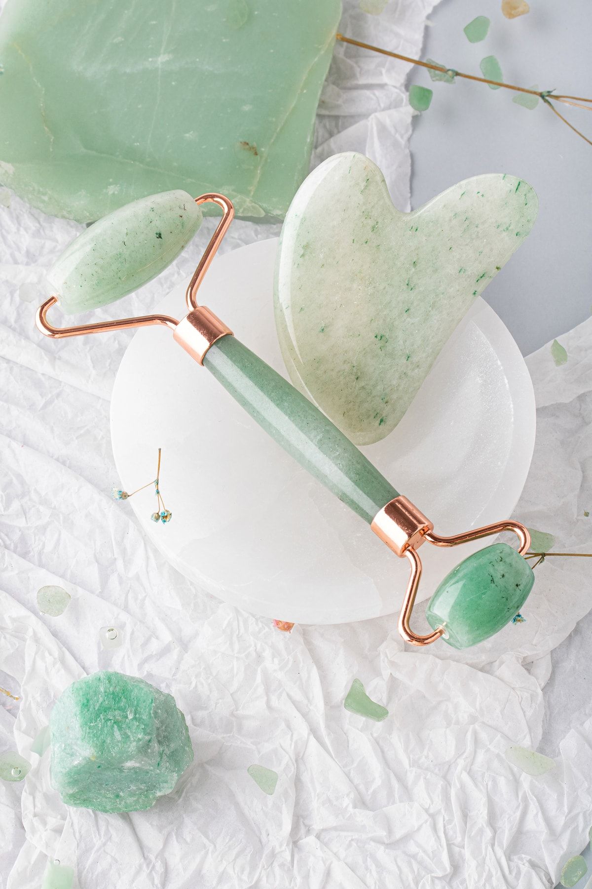 ست ماساژ غلتکی سنگ طبیعی Aventurine و Heart Gua Sha Ma027 OSMANLI DOĞAL TAŞ