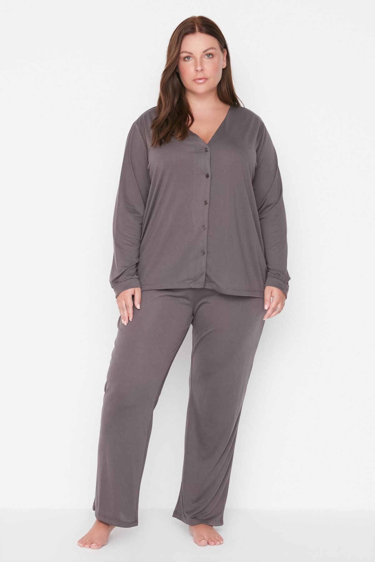 Trendyol Curve Plus Size Pajama Set Gray Plain Trendyol