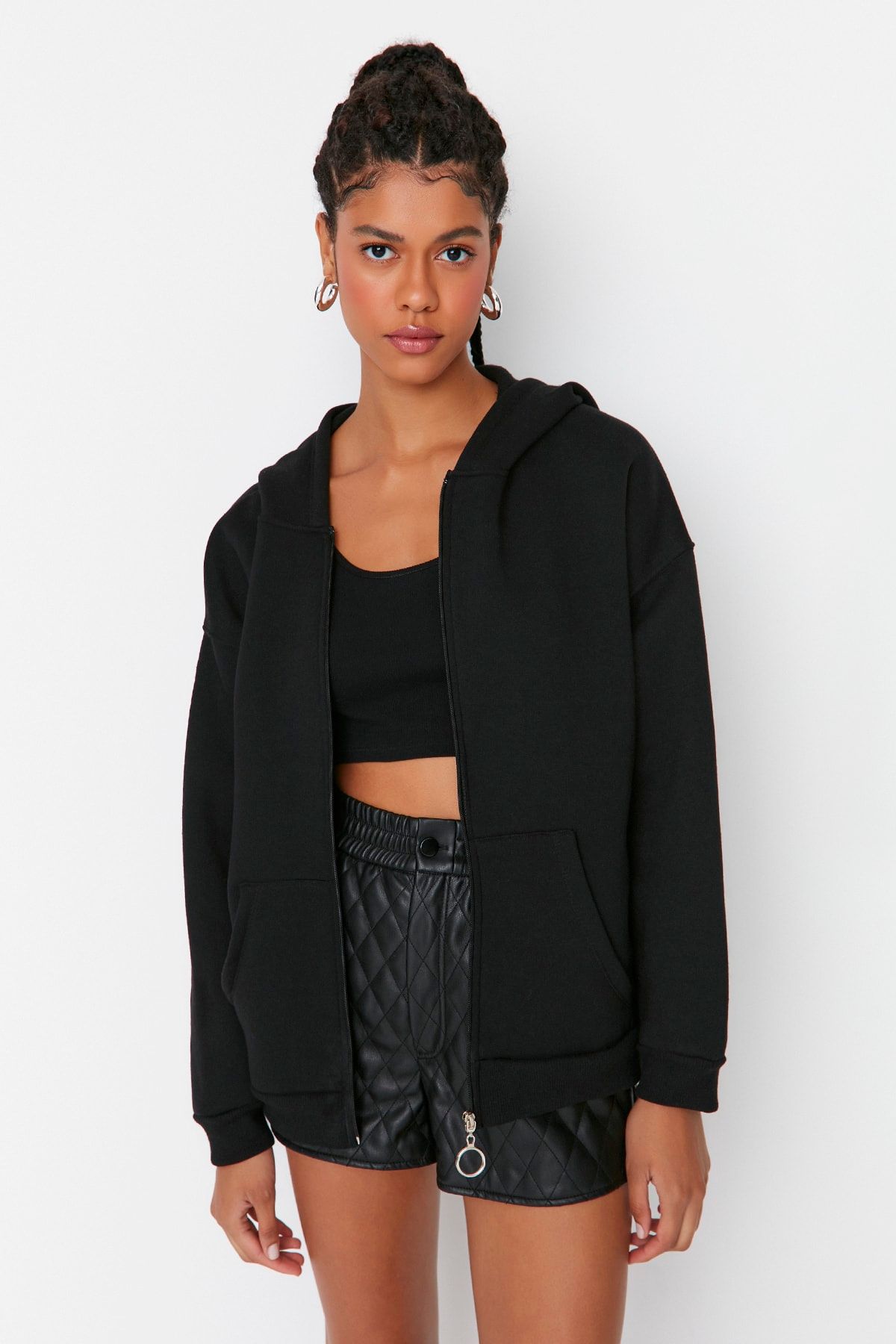 Trendyol Collection-Schwarzes Oversize-Sweatshirt mit Kapuze und Reißverschluss, dickem Fleece innen, Strick TWOAW22SW0677 2