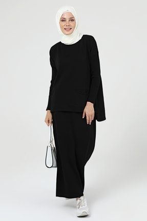 Kadın Düz Siyah Cep Detaylı Bluz Etek Tesettür Takım - 4249