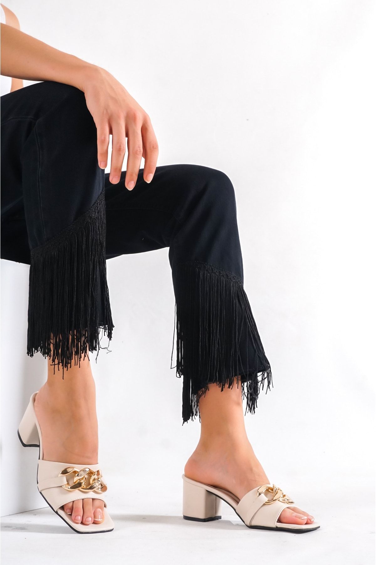 Rimex Kadın Bej 5 Cm Halka Zincirli Topuklu Terlik Rm0176 NE8455