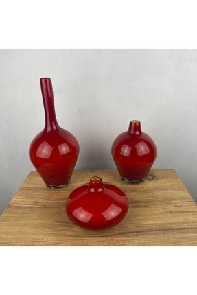 Üfleme Cam El Yapımıkırmızı Akasya Murano Üçlü Set Vazo ARK3001KIRM