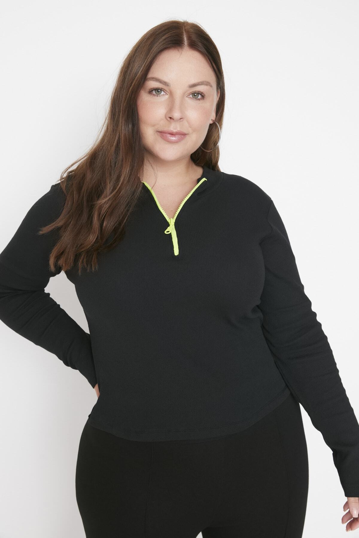Trendyol Curve Damen Schwarz Schwarze, Detaillierte Strickbluse Mit Kragen Für - 4XL