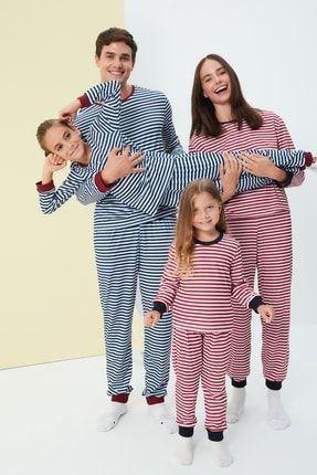 Mavi Çizgili Erkek Çocuk Örme Aile Kombini Pijama Takımı TKDAW23PT00023