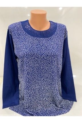 Yaka Desenli Taş Işlemeli Mavi Anne Bluz B81