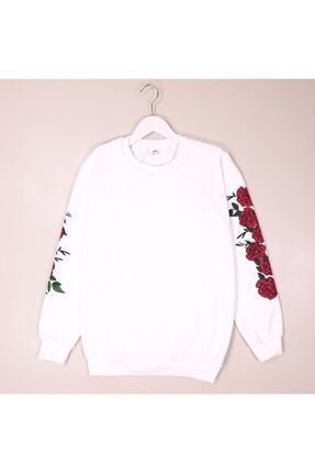 Oz Taha Kolu Gullu Beyaz Sweatshirt Trendyol