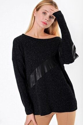 Kadın Şerit Deri Lak Detaylı Salaş Fitilli Triko Bluz-siyah 20206