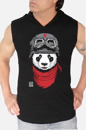 Erkek Siyah Bandanalı Panda Kapüşonlu Kolsuz T-shirt 1M0KM076AS