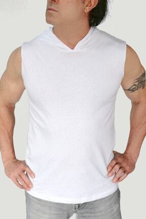 Erkek Beyaz Düz, Baskısız Basic Kapüşonlu Kolsuz T-shirt 1M0KM000AB