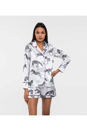 Zebra Desen Saten Ikili Şort Pijama Takım U00012