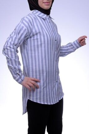Kadın Keten,düşük Kol,çizgili,kısa Spor Tunik-gömlek (40 Beden) AYSEOZKG009