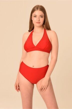 Kadın Kırmızı Büyük Beden Yüksek Bel Boyundan Bağlı Bikini Takımı 20169381