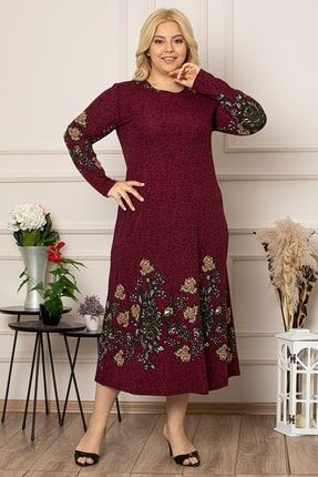 Kadın Bordo Çiçek Desen Uzun Esnek Krep Elbise 5082