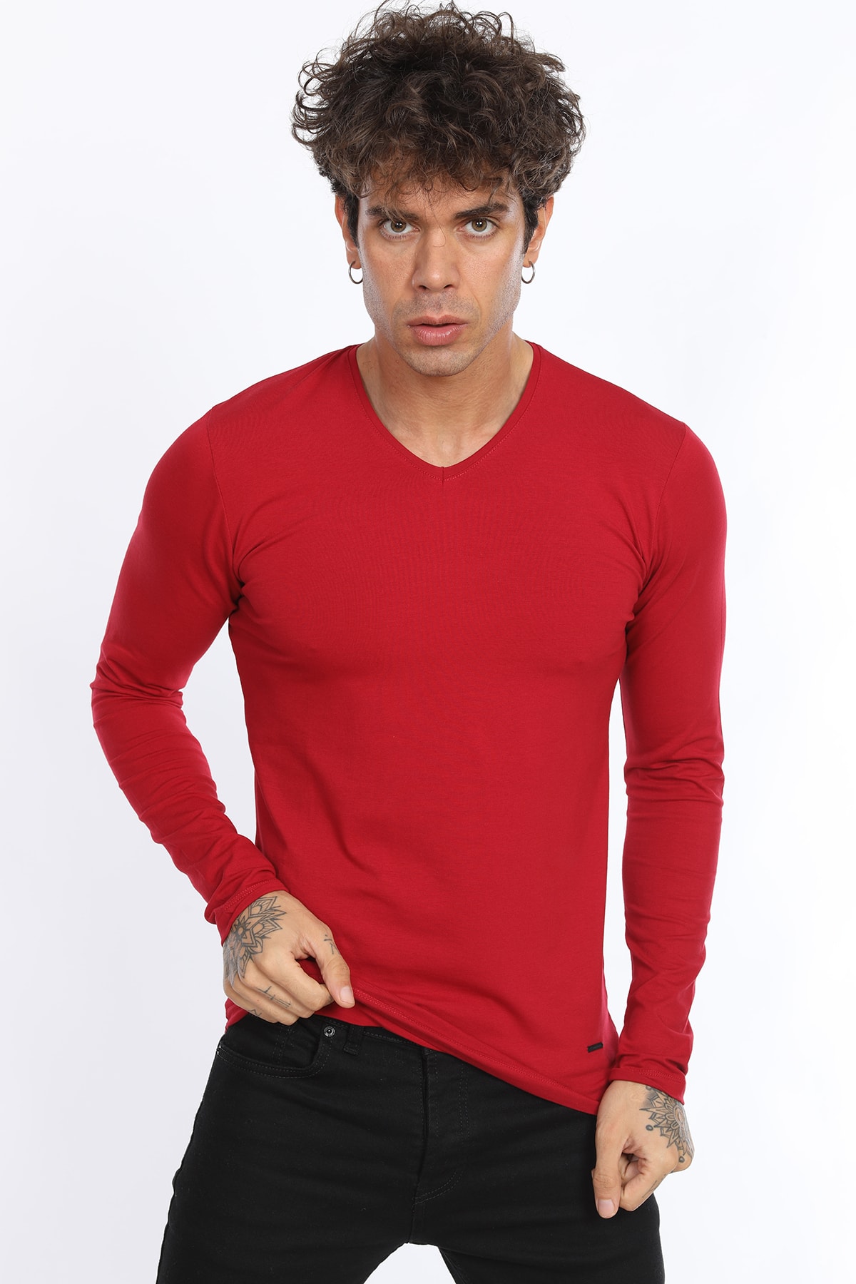 Kırmızı Slim Fit Likralı V Yaka Basic Uzun Kollu T-shirt