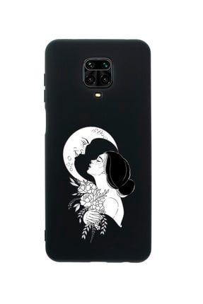 Xiaomi Redmi Note 9 Pro Moon & Woman Desenli Premium Silikonlu Siyah Telefon Kılıfı MCXMRMN9PLMOWOM