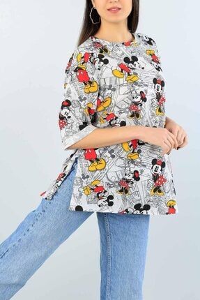 Kadın Gri Mickey Mouse Baskılı Örme Tshirt 1542