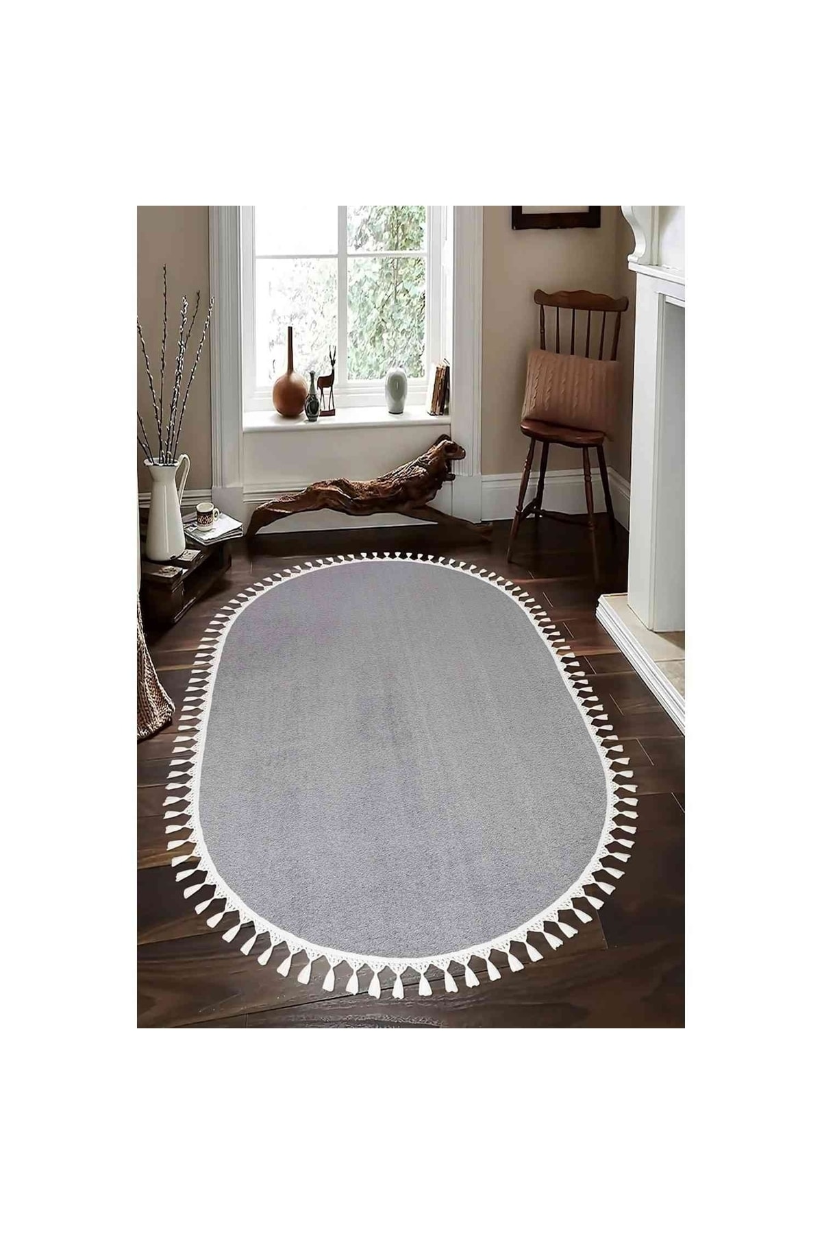 Oval Comfort Puffy Pompom Fringed Plush Rug Light Gray Mns
