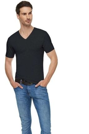 Erkek Siyah Elastan Likralı V Yaka Kısa Kol Pamuklu T-shirt 6'lı 1303 İNC6LI-ELT1303
