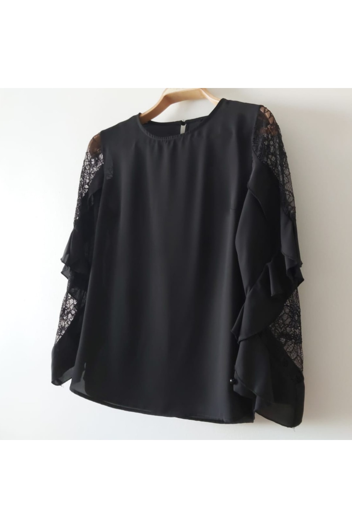 Black Blouse with Tulle and Ruffle Detail