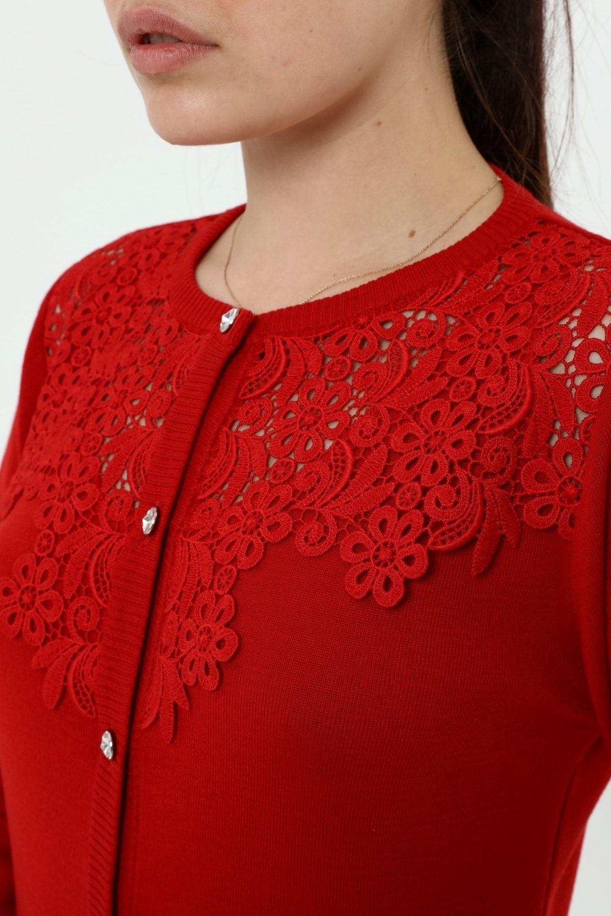 Solo-Women's Guipure Lace Crystal Buttoned Knitwear Cardigan 5