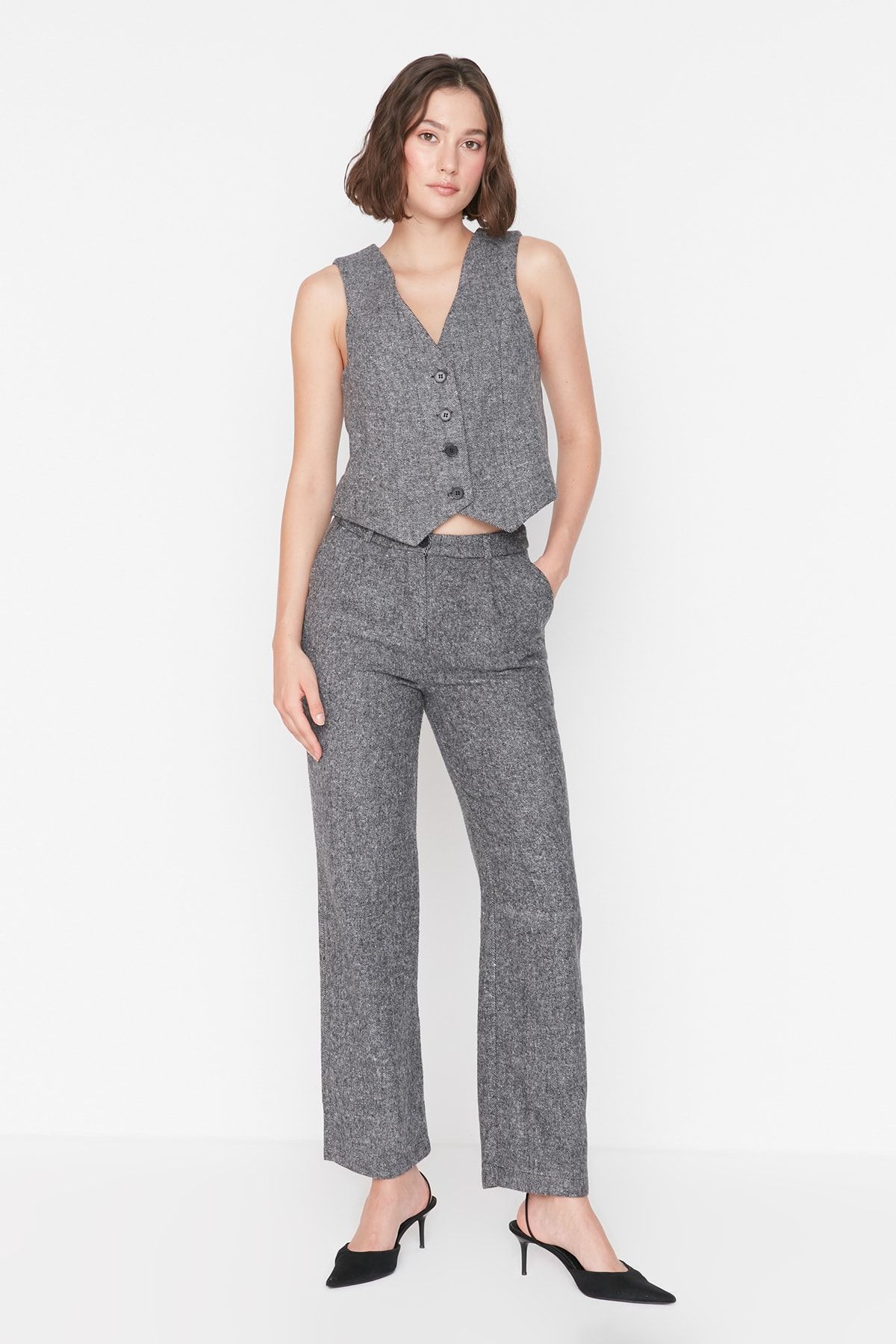 Trendyol Collection Pantaloni Antracit Cu Picior Lat Cu Cusături În Spina De Pește Femeie - 34