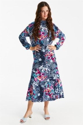 Büzgülü Desenli Lacivert Elbise Allday-2385
