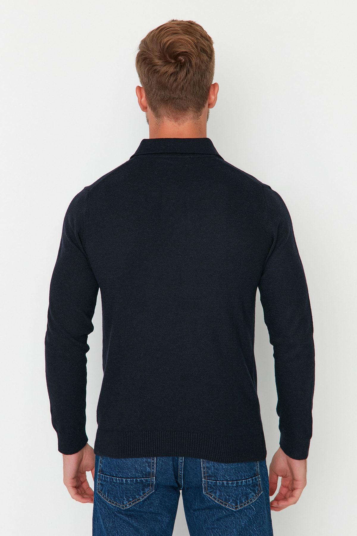 Trendyol Collection-Pulover de tricotaj slim cu guler polo bleumarin - cu nasturi, lână TMNAW23KZ00238 6