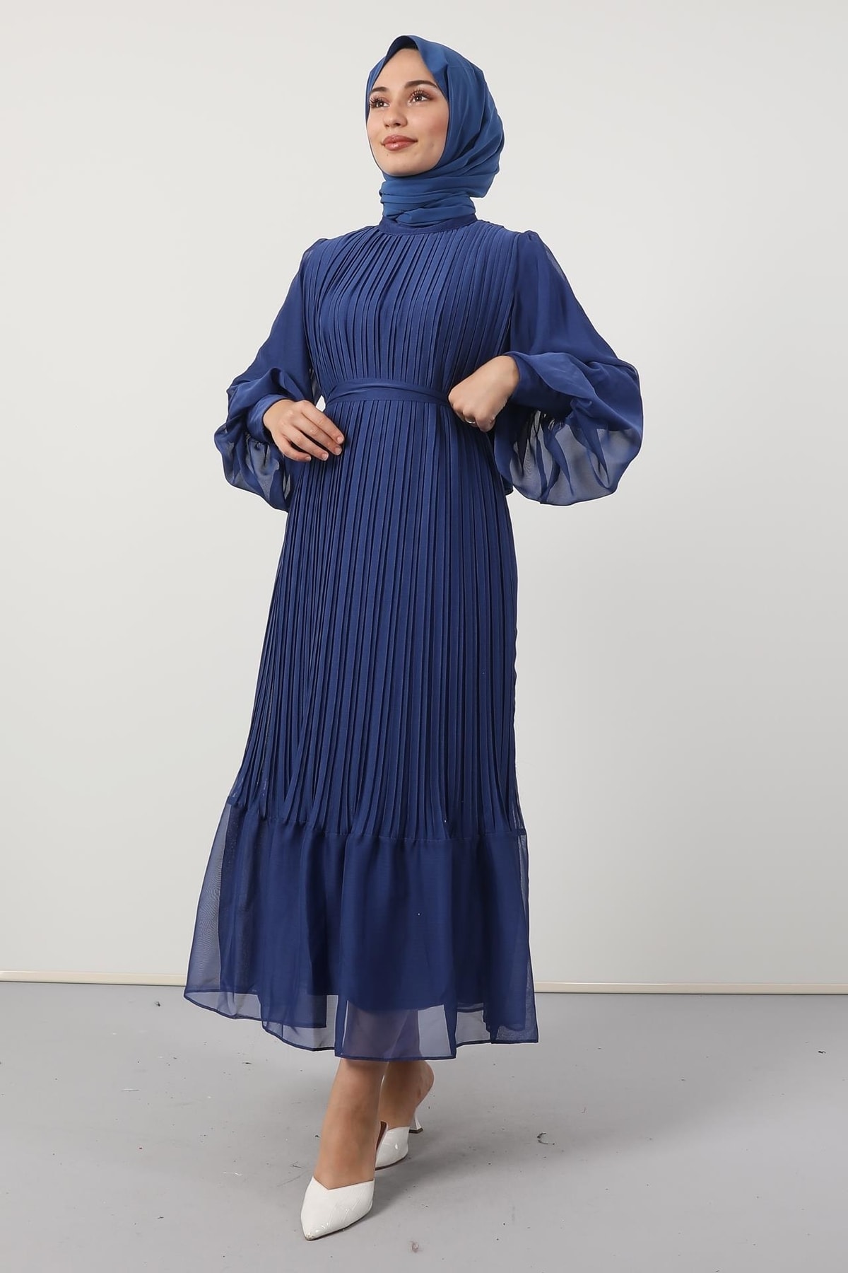 Pleated Janjan Evening Dress Night Blue
