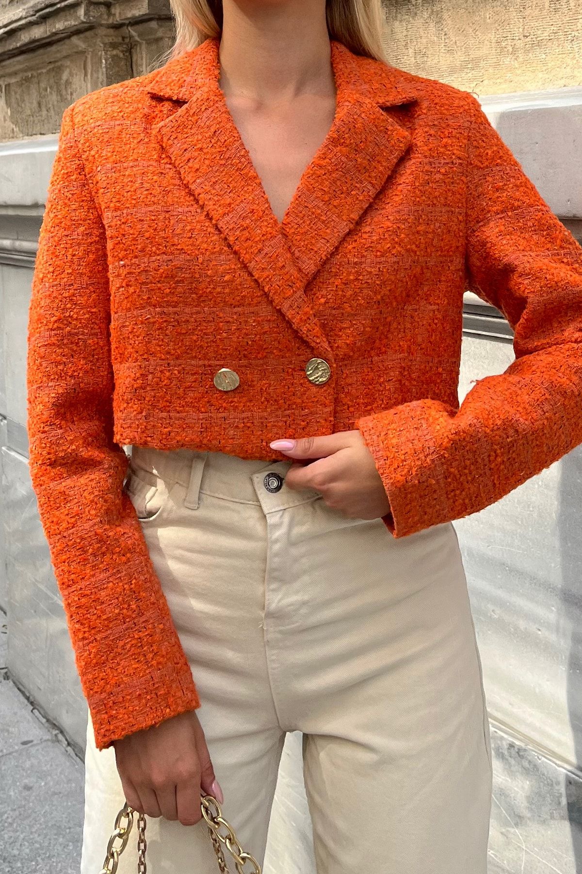Zara orange tweed jacket cheap