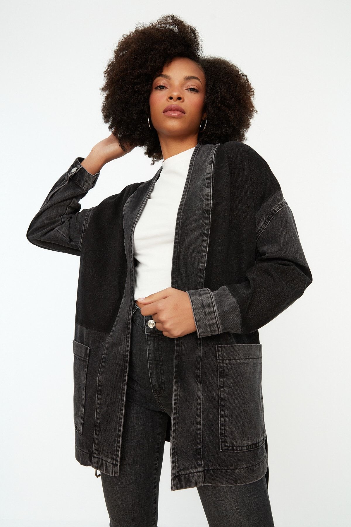Trendyol Collection-Anthracite Color Block Belted Oversize Denim Jacket TWOSS21CE0186 3