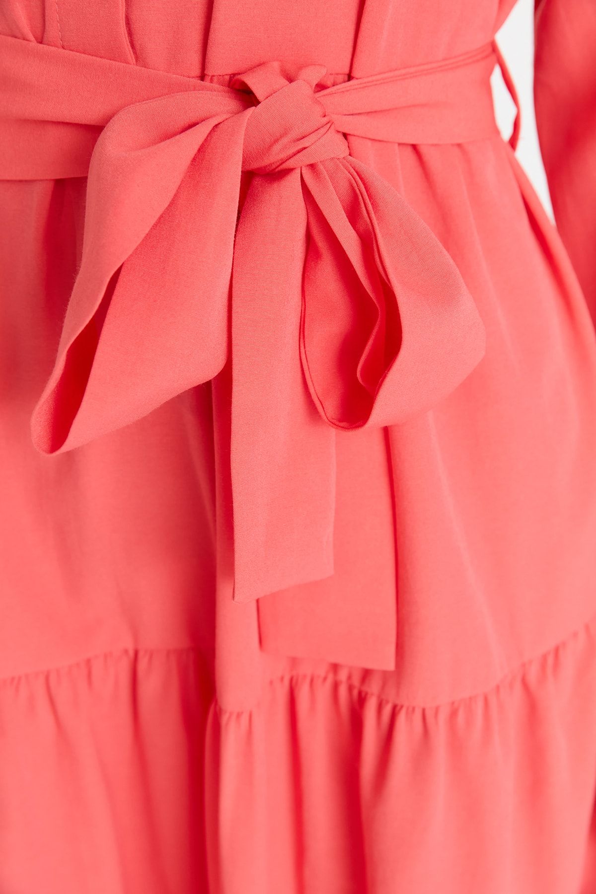 Trendyol Modest-Rochie țesută cu guler șef cu curea roz închis TCTSS21EL3343 3