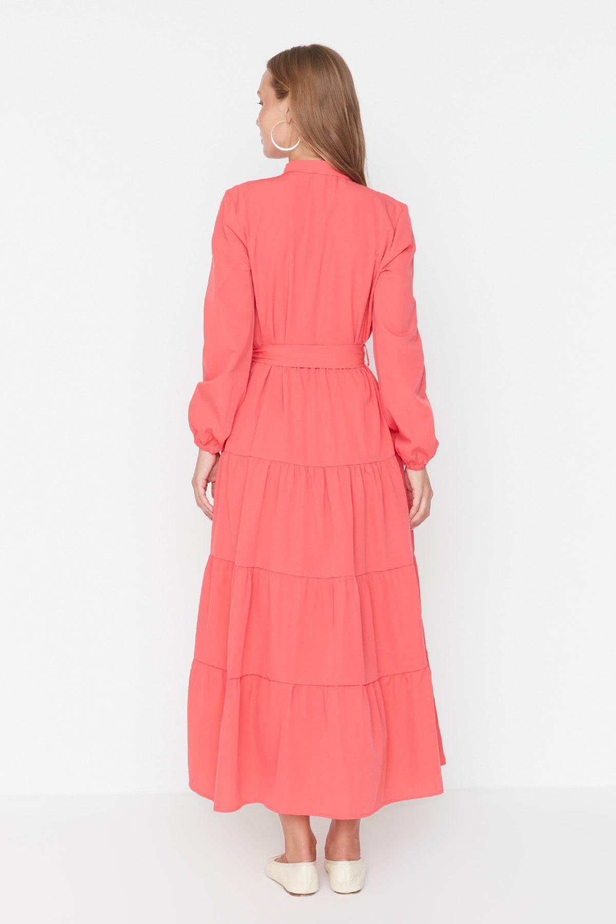 Trendyol Modest-Rochie țesută cu guler șef cu curea roz închis TCTSS21EL3343 5