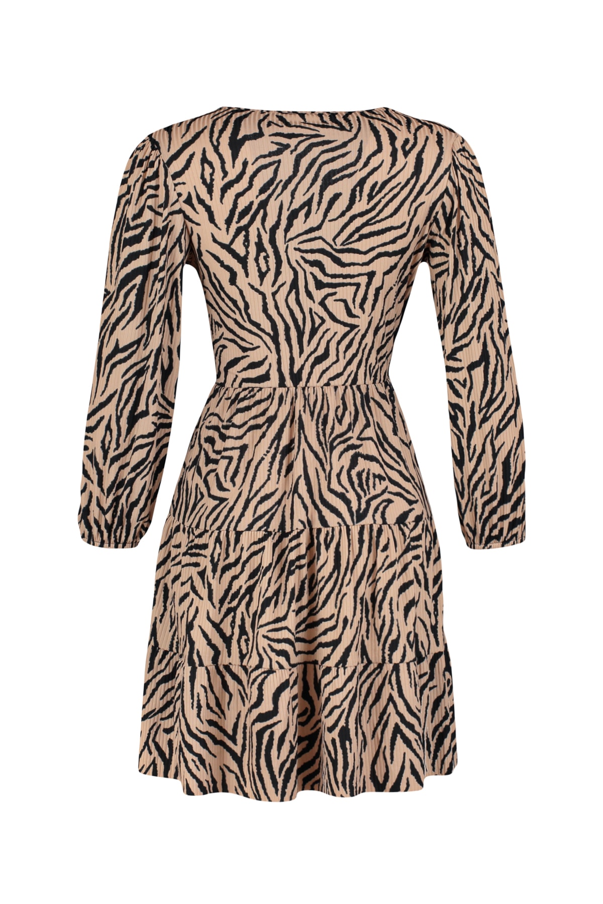 TRENDYOLMİLLA Kahverengi Zebra Desenli Kruvaze Yaka Mini Esnek Örme Elbise TWOAW22EL0104 RF10706
