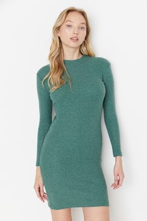 Zümrüt Yeşili Yarım Boğazlı Örme Elbise TWOAW21EL2244